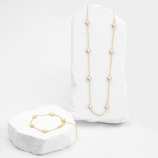 Set Mini Trebol Pulsera y Cadena Blanco VCPC04