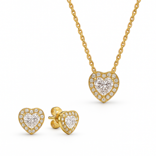 Set Cadena y Aretes Dorado Corazon Transparente CPP53