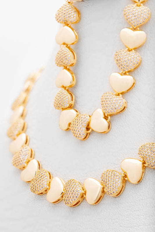 Set Pulsera y Cadena Corazones Liso y Circonitas LATSE-38