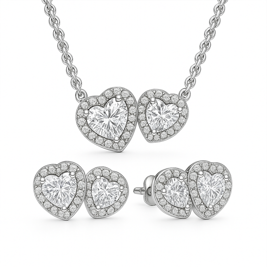 Set Cadena y Aretes Corazón Transparente Brillante CPP54