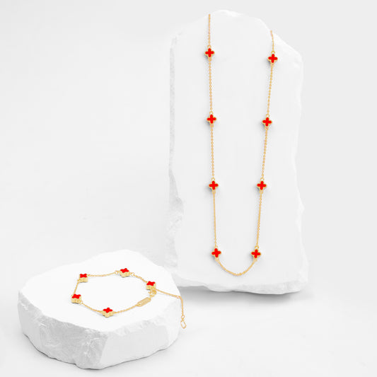 Set Mini Trebol Pulsera y Cadena Roja VCPC02