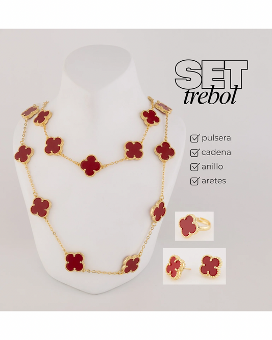 Set de Collar, Pulsera, Arete Grande y Anillo Trebol Rojo Liso VCAP07