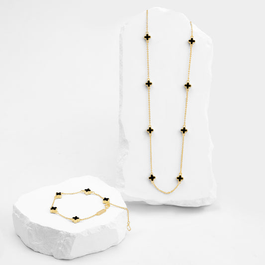 Set Mini Trebol Pulsera y Cadena Negro VCPC01