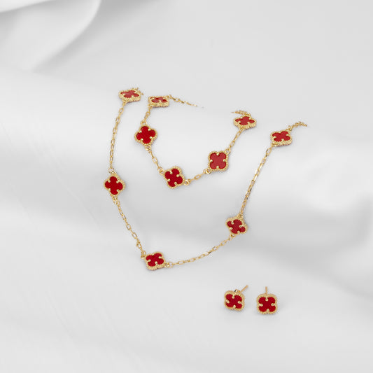Set de Collar con aretes y Pulsera Dorados con Tréboles Roja VCAP-02