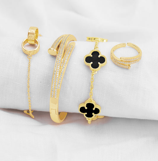 Juego Pulsera Arabe Rígida CT, Trebol y Anillo PBA13