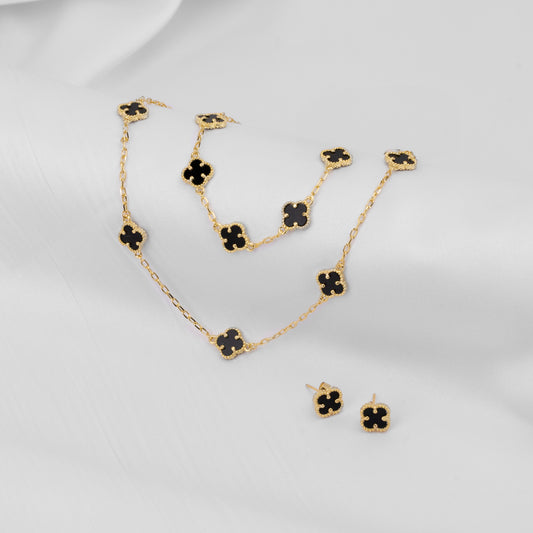 Set de Collar con aretes y Pulsera Dorados con Tréboles negro liso VCAP03