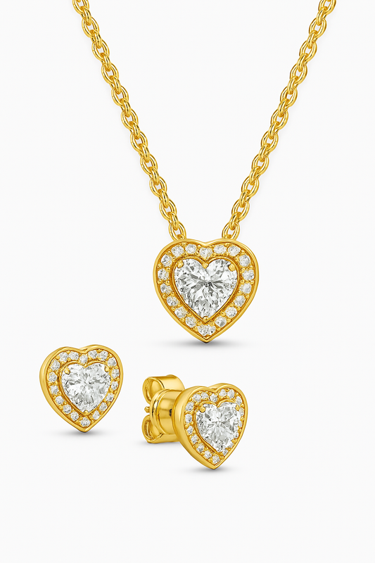 Set Cadena y Aretes Dorado Corazon Transparente CPP53
