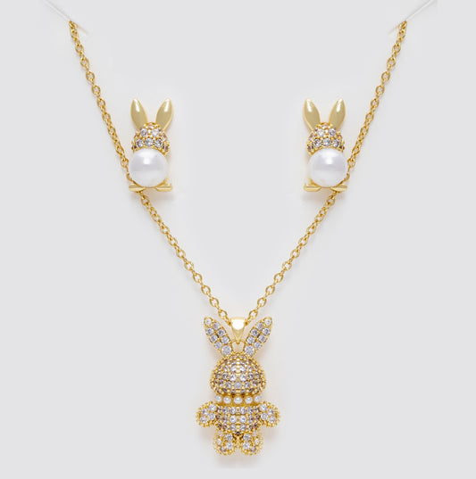 Set Collar Y Aretes Conejitos y Perlas LATSE58