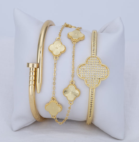Set Trébol Dorado y Brazalete Cristal PBA76