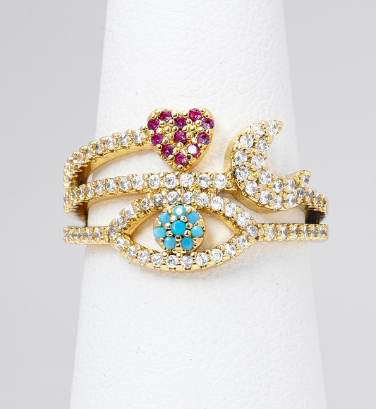 Anillo Oro Laminado Ojo Turco y Corazon BA31