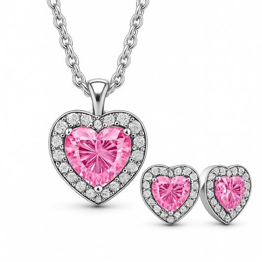 Set aretes y collar con corazón rosa CPP35
