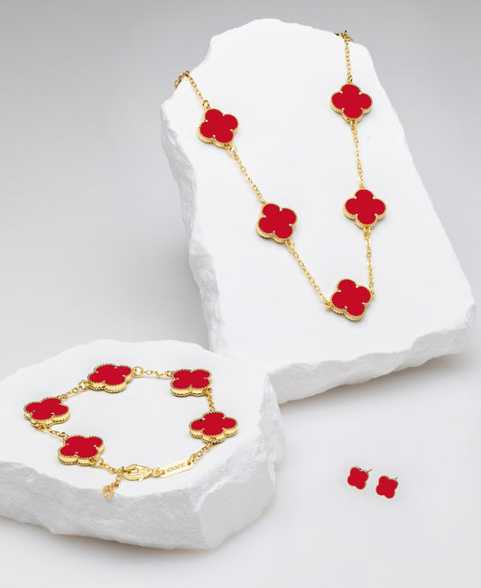 Set de Collar, Pulsera, Arete Pequeño Rojo y Anillo Liso Trebol VCAP14