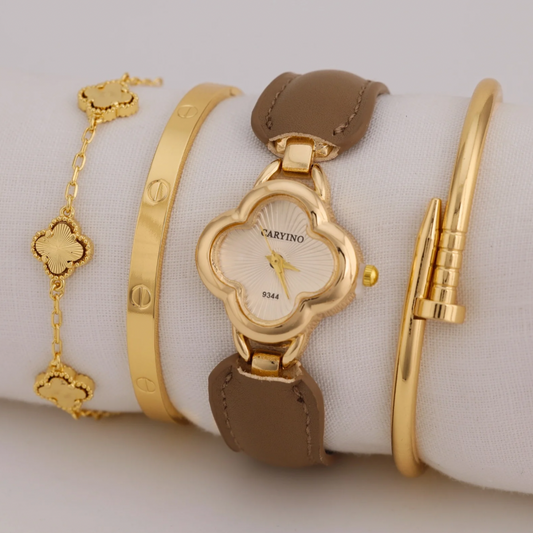 Reloj Arabe Beige Trebol Dorado RA06