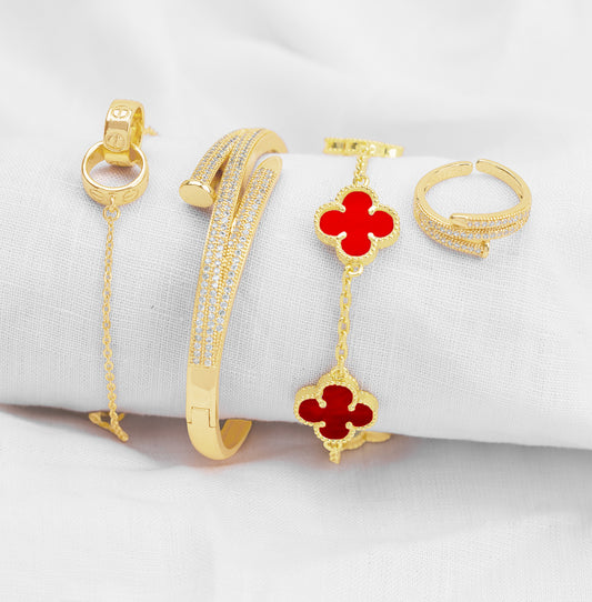 Juego Pulsera Arabe Rígida CT, Trebol y Anillo PBA13