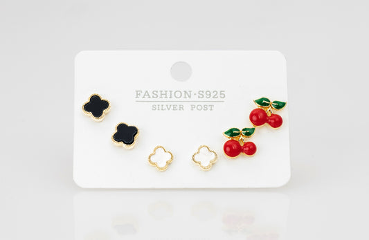 Set de Aretes por 3 Treboles Blancos, Negros Y Cerezas LADO18