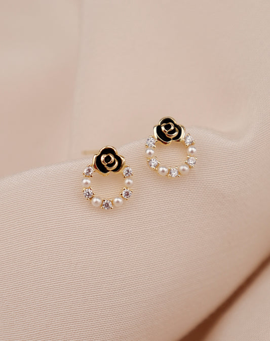Aretes baño de oro rosa negra, Perlas y Circonitas pequeños A60
