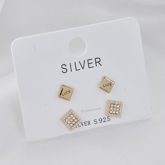 Set aretes baño de oro x 2 cuadrados y circonitas S3-24