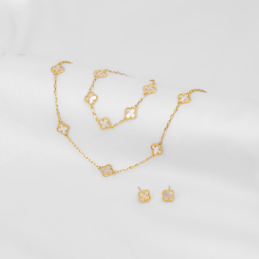 Set de Collar con aretes y Pulsera Dorados con Tréboles blanco liso VCAP-04