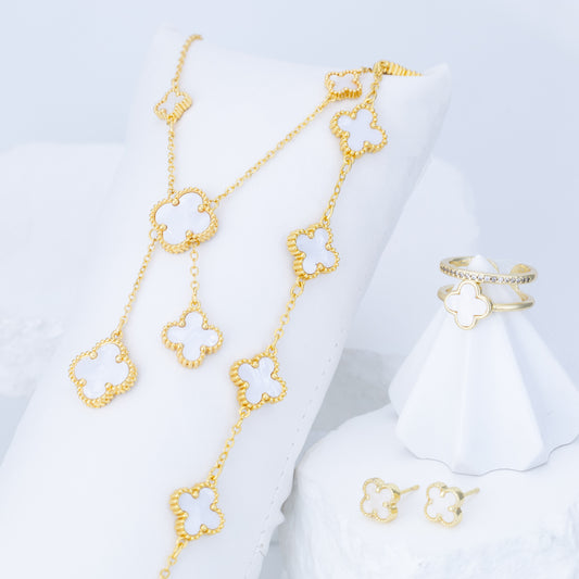 Set en oro Laminado de Collar 5 tréboles, Pulsera, Anillo y Aretes blanco Nacarado VCAP45