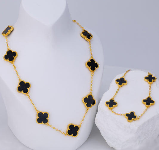 Set Pulsera y Cadena trébol Negro Mediano VCAP60