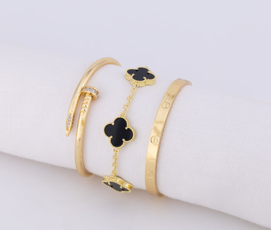 Juego Pulsera Arabe Clavo Diamond y Trebol Mediano Negro PBA42
