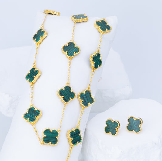 Set de Collar, Pulsera y Aretes Grandes Trébol Verde Liso VCAP34