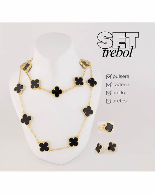 Set de Collar, Pulsera, Aretes  Grande y Anillo Negro Liso Trebol VCAP08