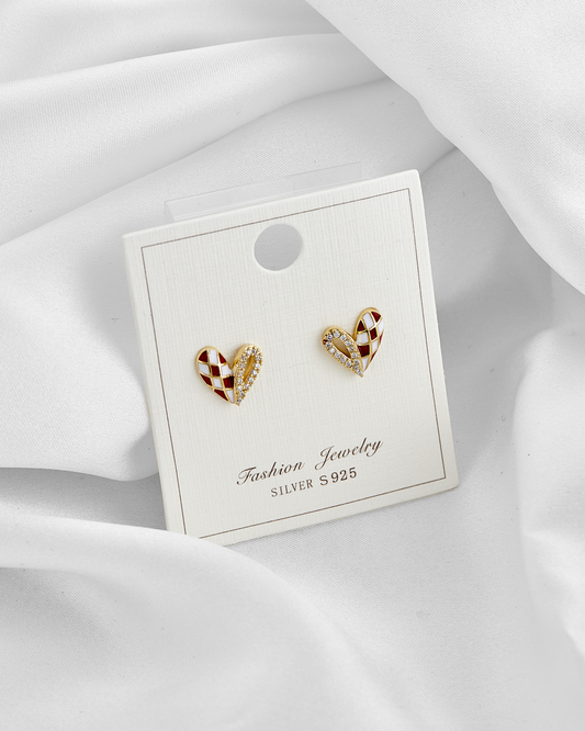 Aretes baño de oro corazon en circonitas y cuadros A38