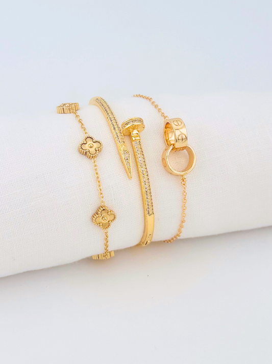 Juego Pulsera Arabe Dorada Clavo y Trebol PBA30