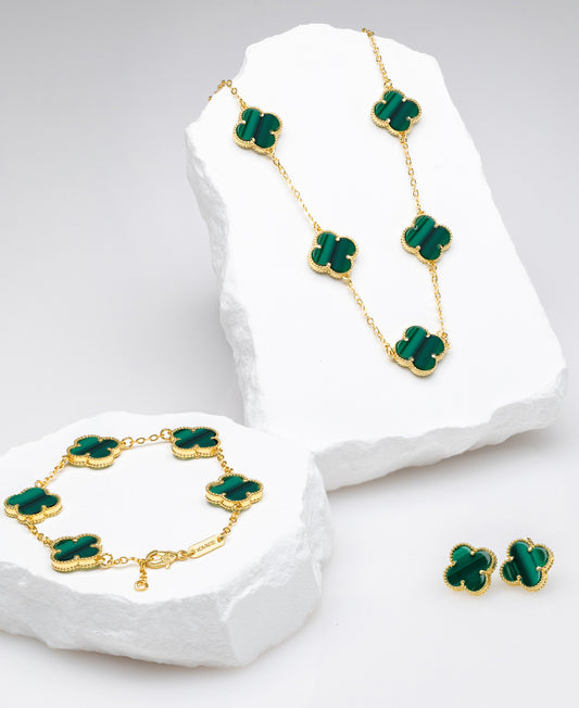 Set de Collar, Pulsera y Aretes Trebol Verde Liso VCAP12