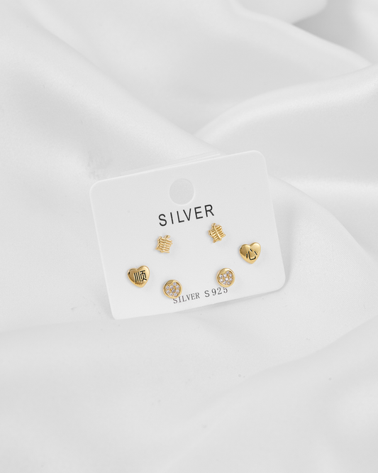 Set aretes  baño de oro x 3 corazon y círculo IM4 S3-07