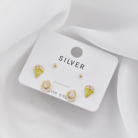 Set aretes baño de oro x 3 helado perla y circonitas S3-17