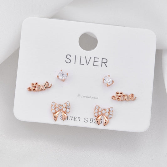 Set aretes baño de oro x 3 moñito, circonita love S3-27