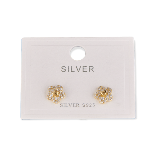 Aretes  baño de oro flor con circonitas y corazón dorado en el centro A74