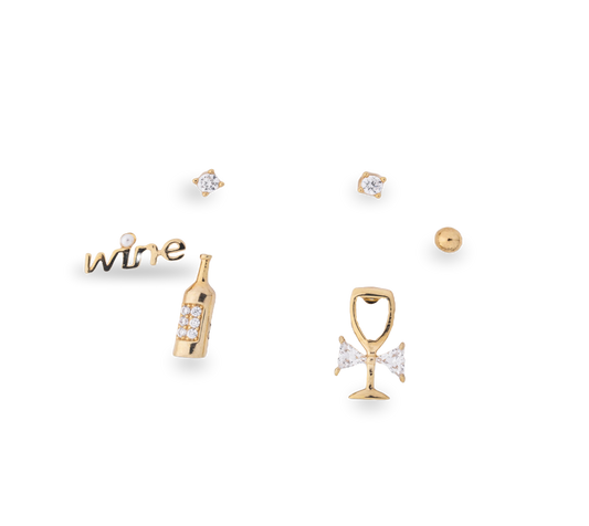 Set aretes  baño de oro champaña vino y copa A46